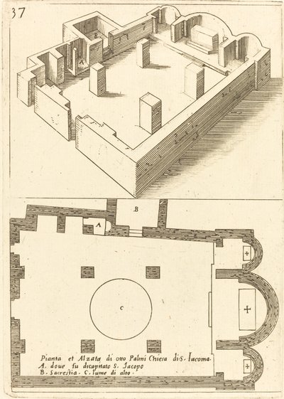 Piano e elevazione della chiesa di S. Iacoma da Jacques Callot