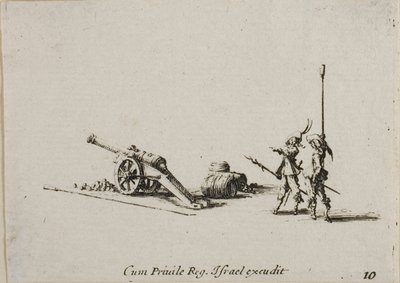 Preparativi per Sparare il Canone, tavola dieci da Gli Esercizi Militari da Jacques Callot