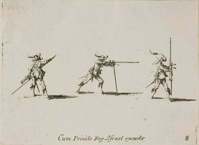Prendere la posizione di tiro con il moschetto, tavola otto da Gli esercizi militari da Jacques Callot