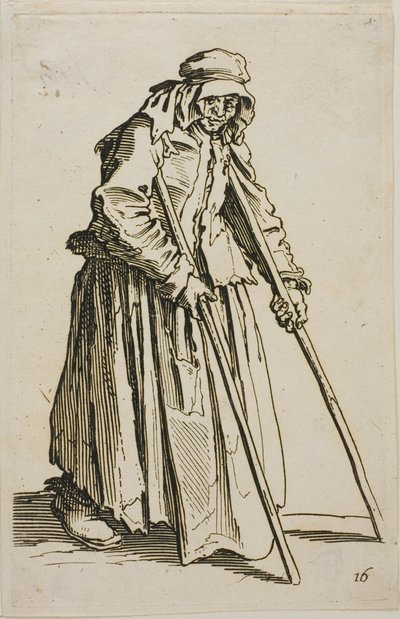 Il mendicante con le stampelle e il suo portafoglio da mendicante, tavola dieci da I mendicanti da Jacques Callot