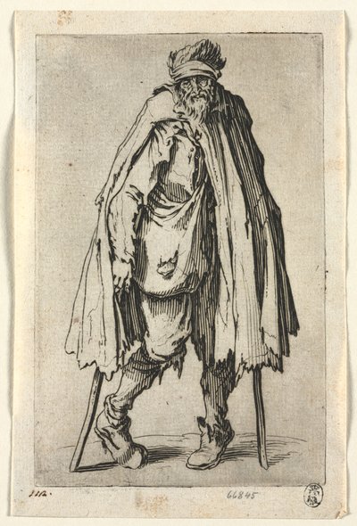 I mendicanti: Mendicante su stampelle con una borsa, c. 1623 da Jacques Callot