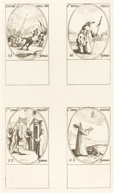 La conversione di Saulo; San Paolo; San Giovanni Crisostomo; San Cirillo di Alessandria da Jacques Callot