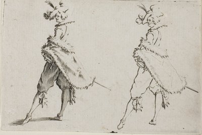 Il gentiluomo con un cappotto, in posa con le mani sui fianchi, dai Capricci da Jacques Callot