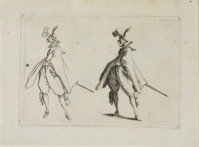 Il gentiluomo con un grande cappotto, visto di fronte, da I Capricci da Jacques Callot