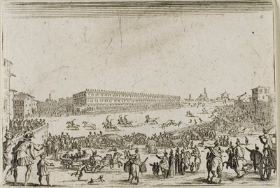 La corsa dei cavalli al Palazzo Pitti, a Firenze, da I Capricci da Jacques Callot