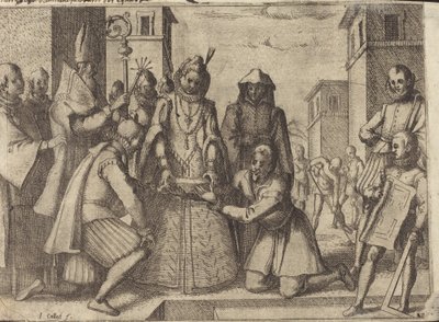 La regina posa la prima pietra per la chiesa delle Clarisse in Spagna [verso] da Jacques Callot
