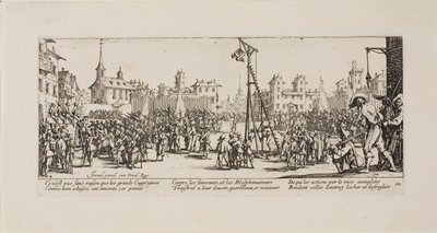 La tortura dello strappado, tavola dieci da Le miserie della guerra da Jacques Callot
