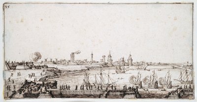 Veduta del porto di La Rochelle con galeoni che sparano un saluto da Jacques Callot