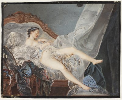 Una ragazza nuda, sdraiata sulla schiena su un divano tra grandi drappeggi da Jacques Charlier