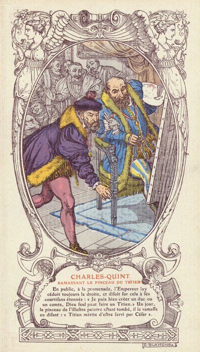 Carlo V raccoglie il pennello di Tiziano dopo che lo ha fatto cadere mentre lavorava a un ritratto dell