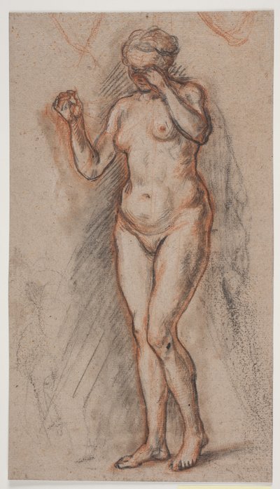Figura femminile con le braccia alzate, la sinistra davanti agli occhi da Jacques Francois Joseph Saly