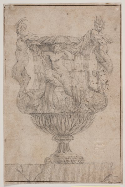 Vaso ornamentale con Pan, fauno e ninfa. Copia da Pl. 14 nella suite dei vasi disegnati da Saly nel 1746. "Vasa a se inventa..." da Jacques Francois Joseph Saly