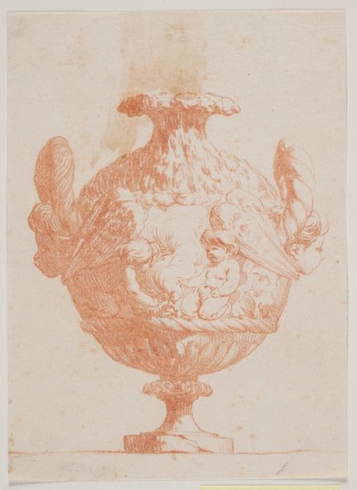 Vaso ornamentale con due teste e due putti. Copia dalla pl. 19 della suite dei vasi disegnati da Saly nel 1746. "Vasa a se inventa..." da Jacques Francois Joseph Saly