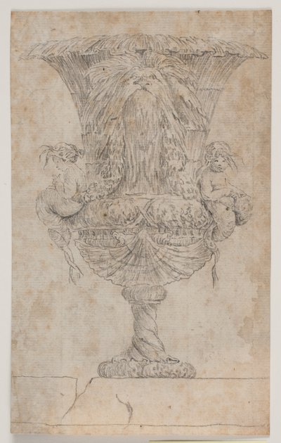 Vaso ornamentale con due putti (sirene?). Copia da incisione (pl. 9) nella suite dei vasi disegnati da Saly nel 1746. "Vasa a se inventa..." da Jacques Francois Joseph Saly