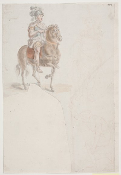 Cavaliere in abito romano con elmo piumato. Inoltre due deboli schizzi a matita rossa di uomini in piedi e semi inginocchiati. da Jacques Francois Joseph Saly