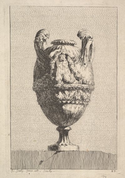 Vaso con una sirena maschio che regge una ghirlanda, da: Vasi, 1746 da Jacques Francois Joseph Saly
