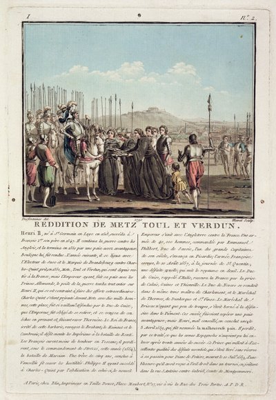 Enrico II (1519-59) riceve le chiavi di Metz, Toul e Verdun (1552), inciso da Jean Baptiste Morret (fl.1790-1820), 1790 da Jacques Francois Joseph Swebach