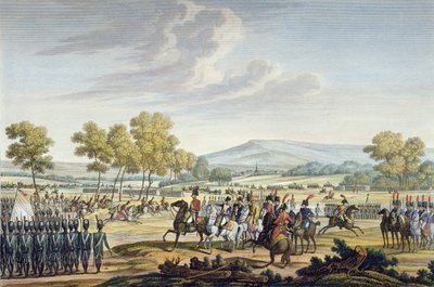 La Guardia Imperiale che manovra alla presenza dei due imperatori a Tilsit, 28 giugno 1807, inciso da Edme Bovinet (1767-1832) da Jacques Francois Joseph Swebach