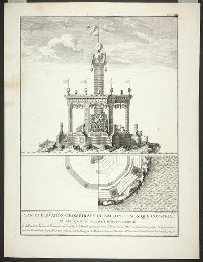 Pianta e prospetto di una sala da musica, tavola tre da Description des Festes Données par la Ville de Paris da Jacques François Blondel