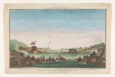 Veduta del Port des Invalides a Parigi con il varo della fregata parigina il 18 febbraio 1761 da Jacques Gabriel Huquier