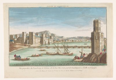 Veduta del quartiere Triana, un ponte sul fiume Guadalquivir e la Torre del Oro a Siviglia da Jacques Gabriel Huquier