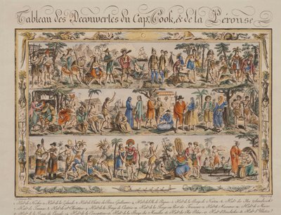 Le scoperte di James Cook e Jean Francois de Galaup Conte de Laperouse nel XVIII secolo, incisione colorata da Jacques Grasset de Saint Sauveur