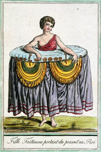 Giovane donna offre doni al re, Tahiti, Isole della Società, incisione da Enciclopedia dei viaggi, di Jacques Grasset de Saint-Sauveur da Jacques Grasset de Saint Sauveur