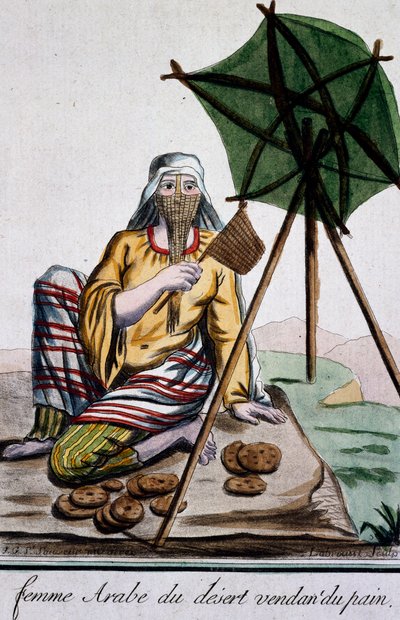Donna araba del deserto che vende pane, incisione dall