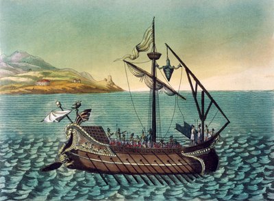 Duilio Corvo su nave da guerra romana, incisione da Antica Roma da Jacques Grasset de Saint Sauveur