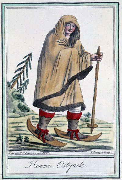 Uomo ostiaco sugli sci - in "Encyclopédie des voyages" di Grasset Saint Sauveur, ed. Parigi 1796 da Jacques Grasset de Saint Sauveur