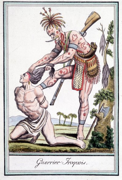Guerriero Irochese che scalpa il suo nemico - in "Enciclopedia dei viaggi" di Grasset St Sauveur, Parigi da Jacques Grasset de Saint Sauveur