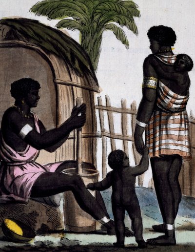 Donne Issinia che lavorano il riso, incisione a colori da un disegno di Labrousse (attivo 1796), da Enciclopedia dei viaggi, di Jacques Grasset de Saint-Sauveur (1757-1810) da Jacques Grasset de Saint Sauveur