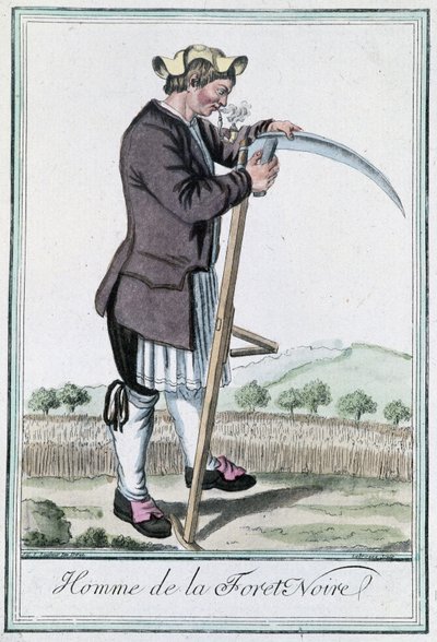 Uomo della Foresta Nera, affilando la sua falce per il raccolto - in "Enciclopedia dei viaggi" di Grasset St Sauveur, ed. Deroy, Parigi da Jacques Grasset de Saint Sauveur