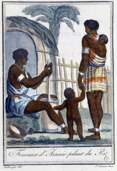 Donne di Issinie che pestano il riso - in "Enciclopedia dei viaggi" di Grasset St Sauveur, ed. 1796 da Jacques Grasset de Saint Sauveur