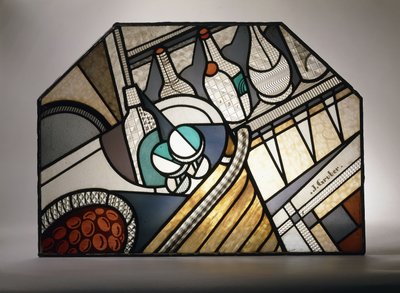 Pannello in vetro colorato Art Deco raffigurante un cocktail bar da Jacques Gruber