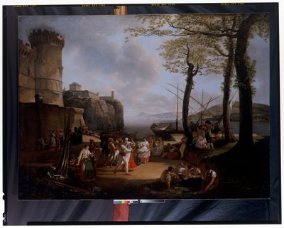 La Tarantella: Un paesaggio costiero serale con contadini napoletani che ballano la Tarantella da Jacques Henri Sablet