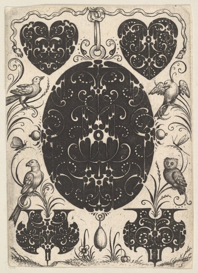 Pendente ovale decorato con Schweifwerk, circondato da motivi più piccoli e quattro uccelli da Jacques Hurtu