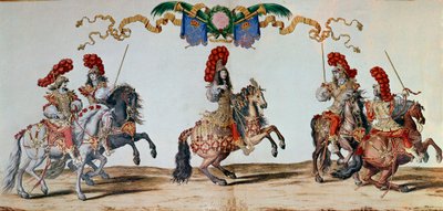 Carosello del 1662: Re Luigi XIV e i cavalieri partecipanti al Carosello del 1662 a Parigi (incisione) da Jacques I Bailly