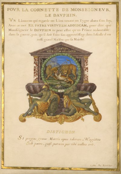 Ms. 11 (4) f.5, Emblema per Luigi XIV, c.1663-68 (guazzo e oro su pergamena) da Jacques I Bailly
