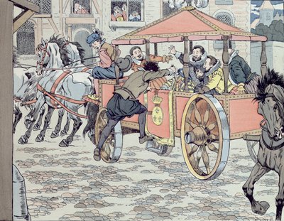Assassinio di Enrico IV da parte di François Ravaillac nella rue de la Ferronerie il 14 maggio 1610, c.1900 da Jacques Marie Gaston Onfray de Breville (Job)