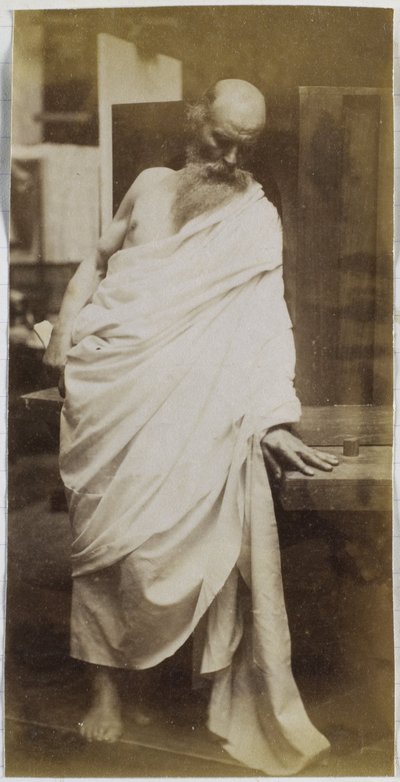 Studio di un modello maschile, un vecchio con barba e drappeggiato in un panno bianco, nell