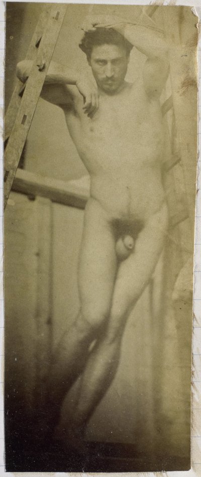Studio di un modello maschile nudo, appeso in una struttura di legno, nell
