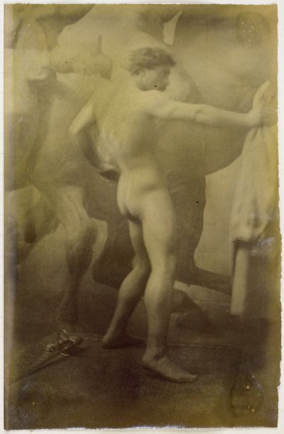 Studio di un modello maschile nudo, in piedi davanti a un murale monumentale di cavalli, nello studio di Jacques de Lalaing da Jacques Lalaing (attributed to)