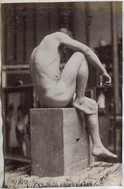Studio di un modello maschile nudo, seduto e visto di lato, nell