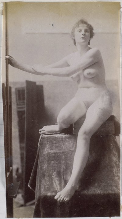 Studio di un modello femminile nudo, seduto e visto di fronte, nell