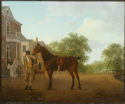 Un gentiluomo che tiene un cavallo sellato in una strada vicino a un canale da Jacques Laurent Agasse