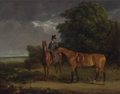 Un Groom su un Cavallo da Caccia Baio, Tiene un Cavallo da Caccia Castano per le Redini da Jacques Laurent Agasse