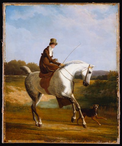 Miss Cazenove su un cacciatore grigio, un cane che corre accanto da Jacques Laurent Agasse