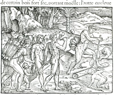 Indigeni indiani che accendono il fuoco dopo la caccia, inciso da Theodor de Bry (1525-75) da Jacques Le Moyne