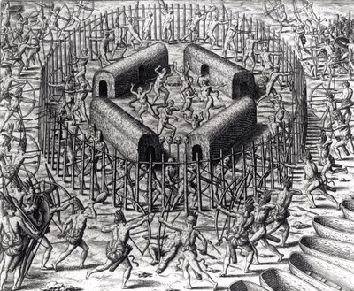 Johannes Staden aiuta a difendere gli indiani che lo catturarono contro i Tuppin Tkins, inciso da Theodore de Bry (1528-98), da 